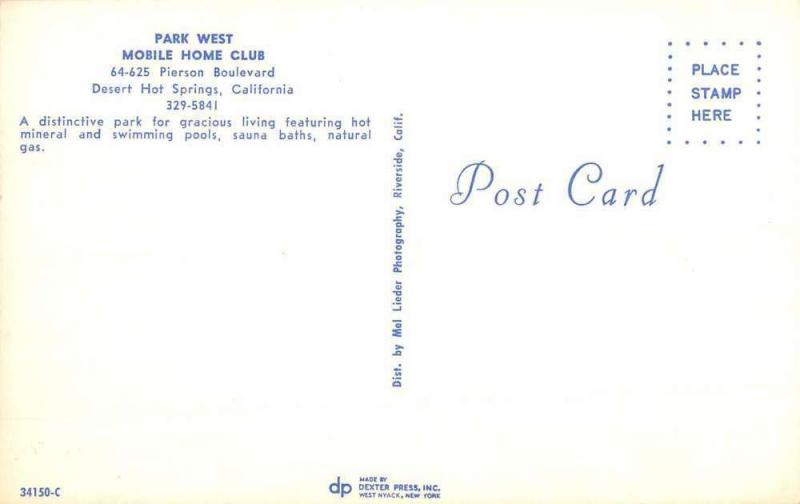 Desert Hot Springs California Park West Mobile Home Club Postcard K83374