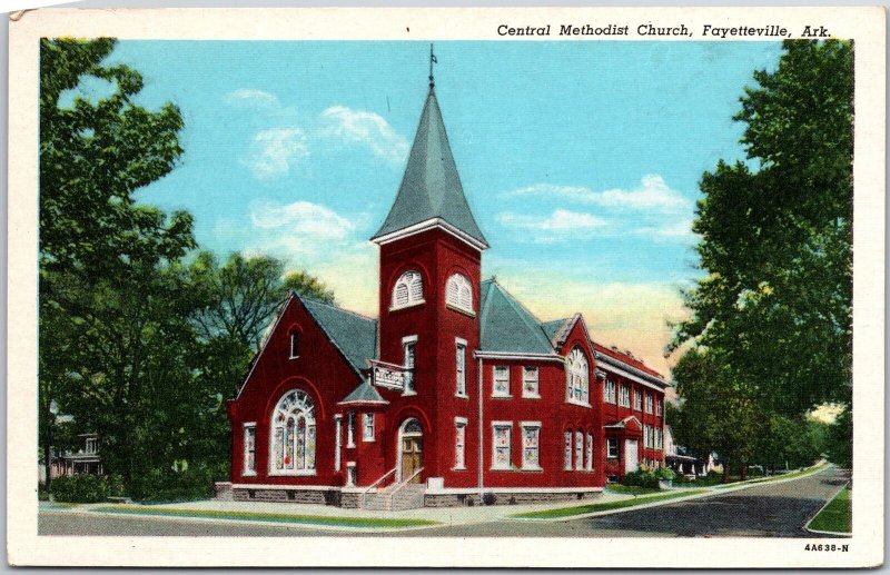 Fayetteville Arkansas, Central Methodist Church, Street Corner, Vintage Postcard