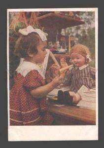 3087312 GIRL & Big DOLL Musician Old PHOTO Color Russian PC