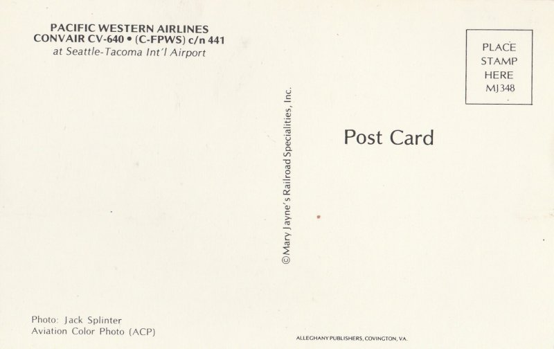 PACIFIC WESTERN AIRLINES CONVAIR CV-640 AT SEATTLE - TACOMA AIRPORT POSTCARD