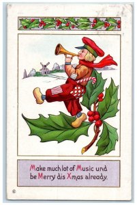 1914 Christmas Dutch Boy Trumpet Holly Berries Windmill Embossed Posted Postcard
