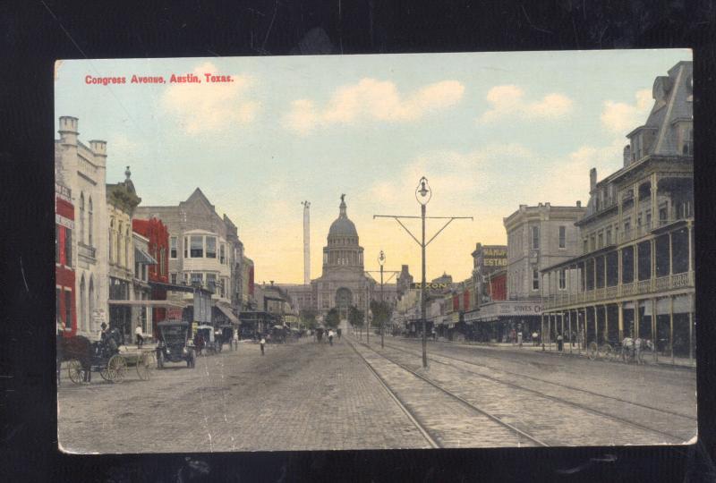 AUSTIN TEXAS DOWNTOWN STREET SCENE STATE CAPITOL VINTAGE POSTCARD GALVA KS.