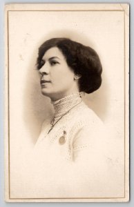 RPPC Pretty Edwardian Woman Crochet Collar Side Profile Portrait Postcard M24