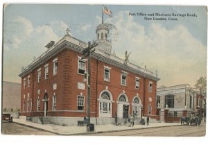 Postcard Post Office + Mariners Savings Bank New London CT 1922