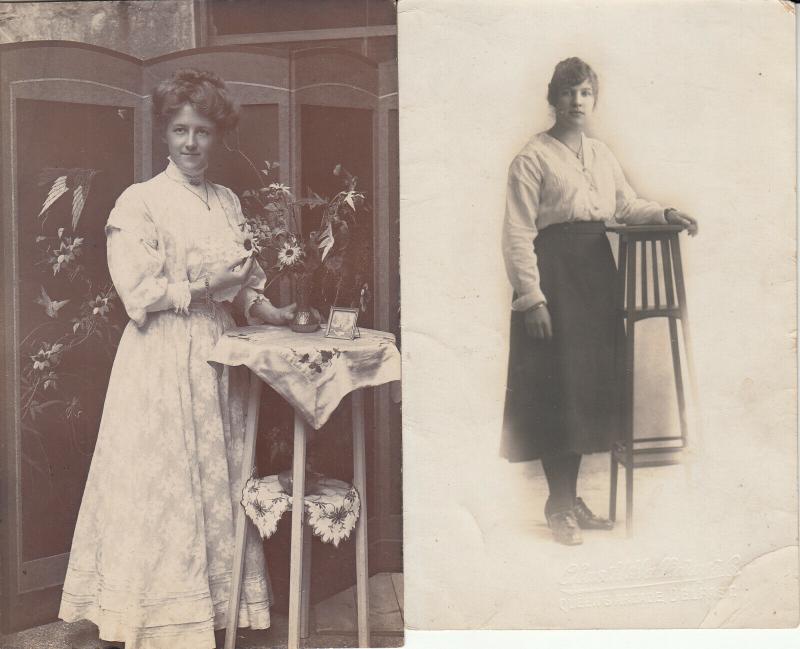 Women portraits near tall table early photo postcards x 2