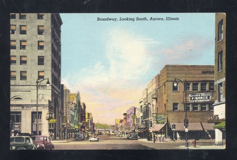 AURORA ILLINOIS DOWNTOWN BROADWAY STREET SCENE VINTAGE POSTCARD