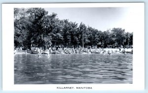 2 RPPC Postcards KILLARNEY LAKE, Manitoba Canada ~ Crowded Beach Scenes 1940s