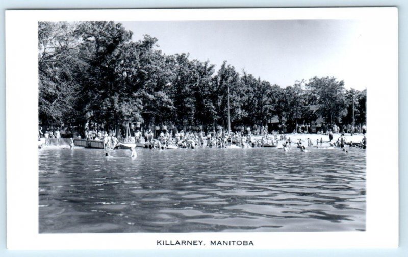 2 RPPC Postcards KILLARNEY LAKE, Manitoba Canada ~ Crowded Beach Scenes 1940s