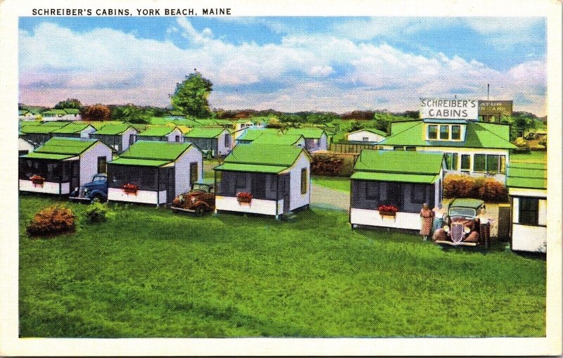 Schreibers Cabins York Beach Maine Front View Cars Lady Man Postcard Unused UNP 