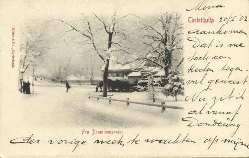 norway norge, CHRISTIANIA, Fra Drammensveien, Winter Scene (1902) Stamp