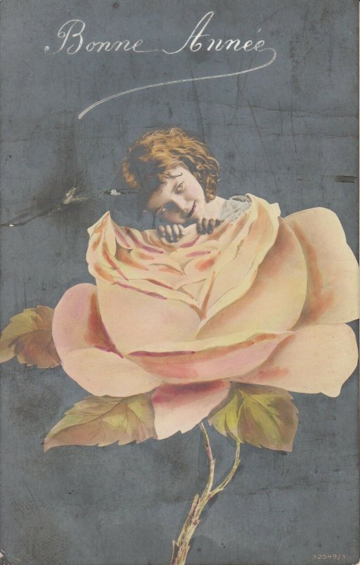 Surrealism rose flower girl early greetings photo postcard