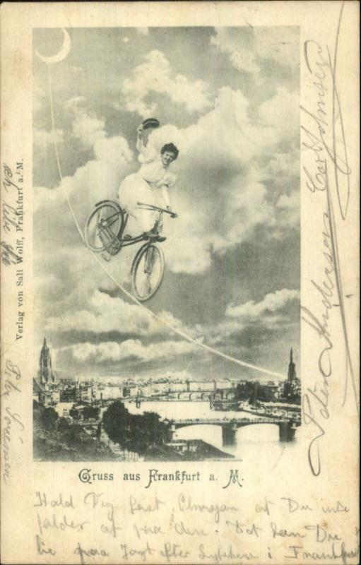 Gruss Aus Frankfurt Germany Woman on Bicycle Fantasy c1900 Postcard