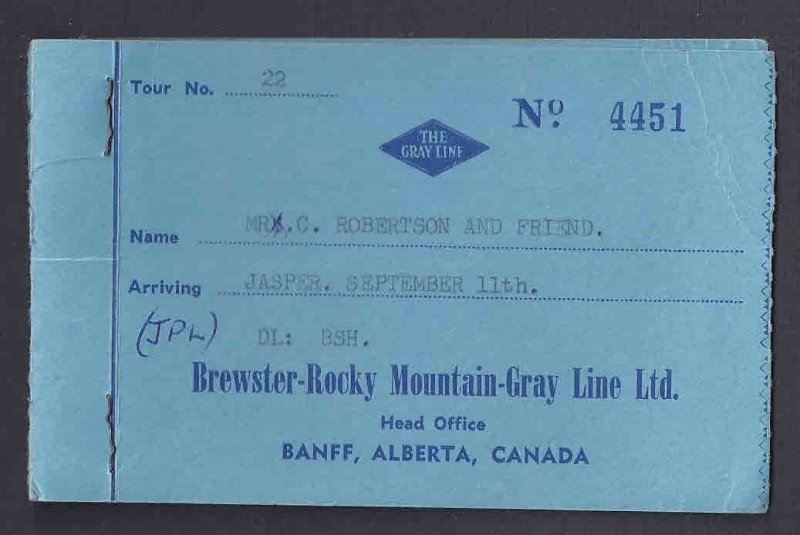 1959 BREWSTER ROCKY MT GRAY LINE BANFF ALBERTA CA LETTER W/USED TICKET STUB 