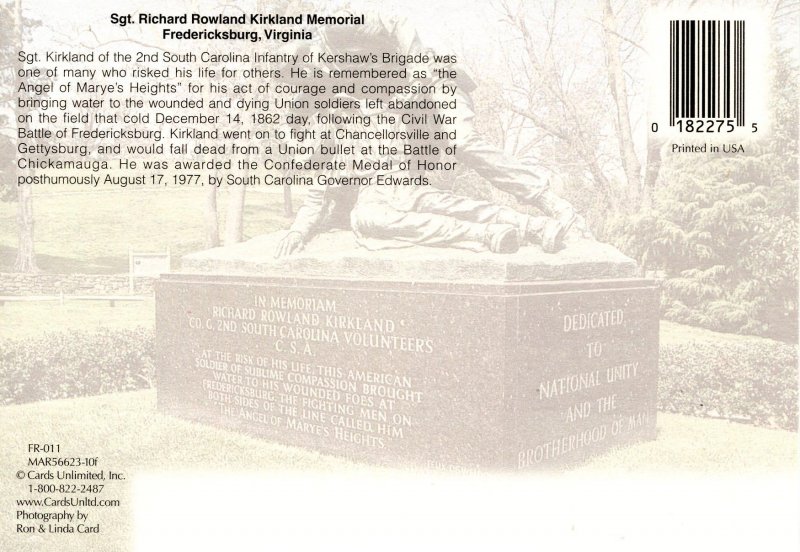 VA - Fredericksburg. Confederate Sgt. Richard Kirkland Memorial