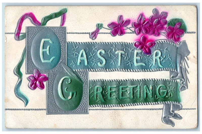 1913 Easter Greetings And Flowers Embossed Buffalo New York NY Antique Postcard 