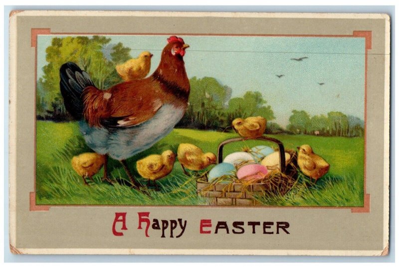 1911 Easter Chicken Hen Chicks And Basket Of Eggs Farm Antique Gel Postcard