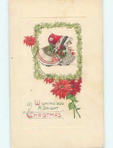 Pre-Linen christmas GIRLS IN BONNETS CARRYING PURSE HANDBAG AND GIFTS HQ7202