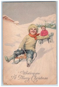 c1910's Merry Christmas Boys Sledding Winter Nash Los Angeles CA Posted Postcard