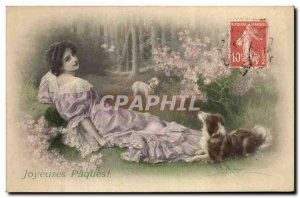 Old Postcard Fantasy Woman Easter Dog Lamb