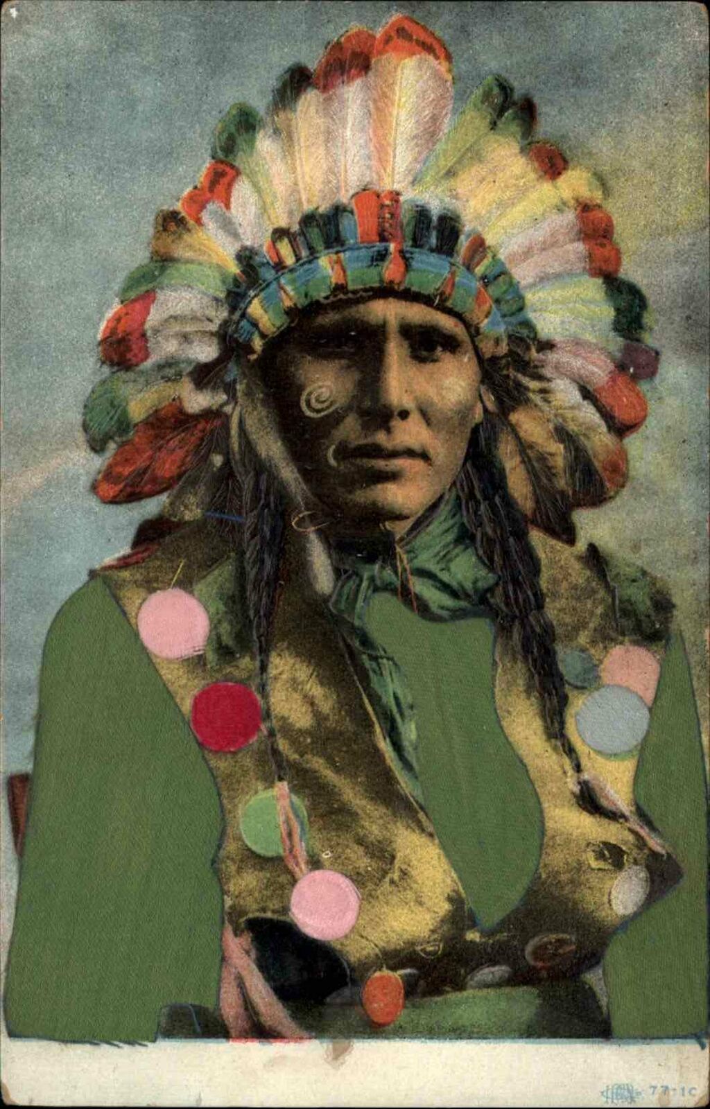 Native American Indian Full Head Dress REAL SILK C1910 Postcard
