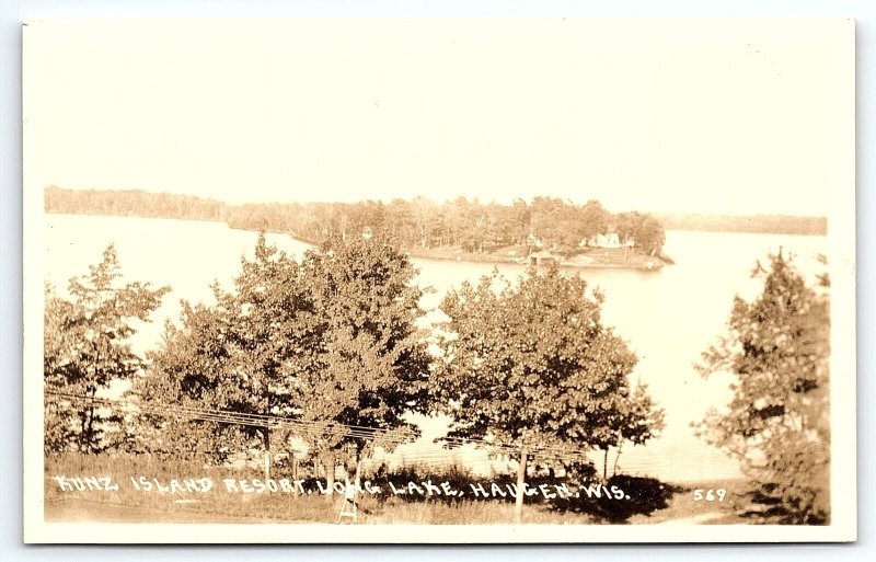 1930s HAUGEN WISCONSIN KUNZ ISLAND RESORT LONG LAKE AZO RPPC POSTCARD P2480