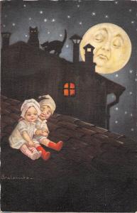 BR100233 Children on the roof  cat moon by night postcard