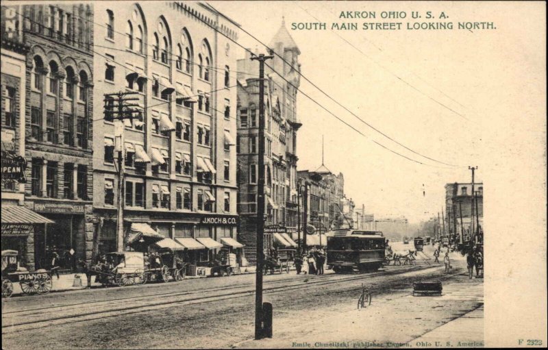 Akron Ohio OH South Main Street Trolley Streetcar c1910 Vintage Postcard