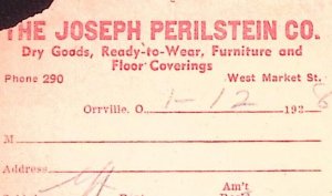 1938 JOSEPH PERILSTEIN CO ORRVILLE OHIO DRY GOODS FURNITUR BILLHEAD INVOICE Z254