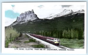 RPPC CANADIAN ROCKIES Mt Eisenhower C.P.R. DEISEL ELECTRIC TRAIN Tinted Postcard
