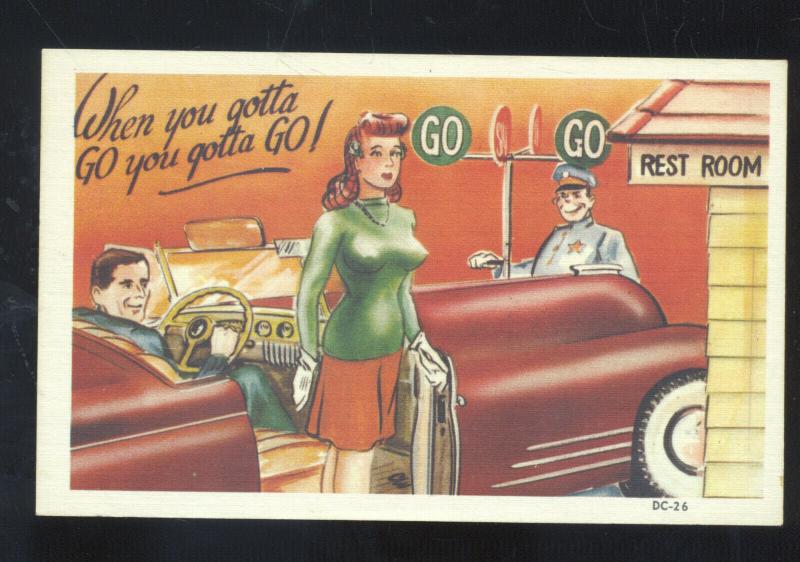 PRETTY WOMAN ANTIQUE AUTOMOBILE CAR RESTROOM HAS TO PEE COMIC POSTCARD