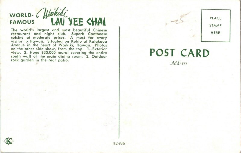 Waikiki Lau Yee Chai Chinese Restaurant Club Kuhio Kalakaua Hawaii Postcard Vtg 