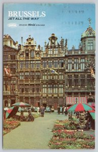 Postcard Brussels Belgium Grand Place Square Flowers Airlines 1960s Chrome