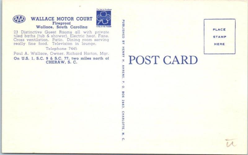 WALLACE, South Carolina  SC    Roadside  WALLACE MOTOR COURT c1940s  Postcard 