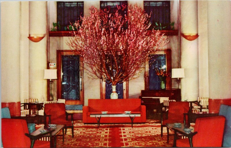 Cocktail Lobby Hotel Miramar Hong Kong China Red Chairs Sofa Unused Postcard H7