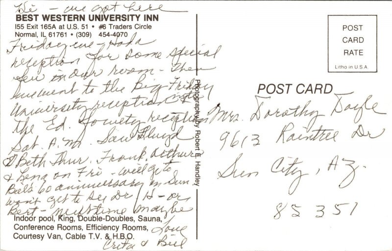 Best Western University Inn Normal IL Illinois Postcard VTG UNP WOB Note Vintage 