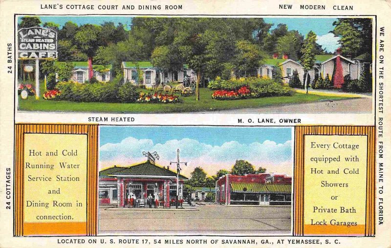 Lane Cottage Court Motel Cafe Gas Station Yemasee South Carolina 1937 postcard