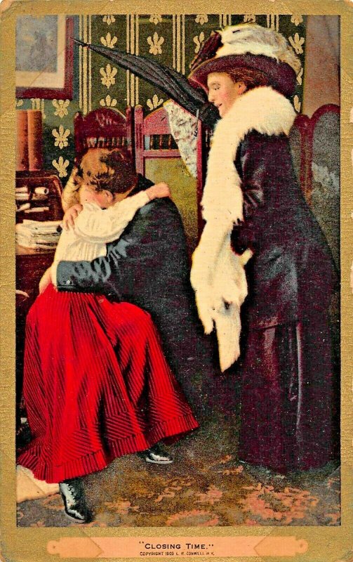 CLOSING TIME~OLD WIFE CATCHES HUSBAND KISSING YOUNG WOMAN~1910 ROMANCE POSTCARD