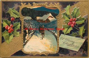 Christmas, PFB No 9103-8, People in Sleigh on Snow Covered Road with Wood Fence