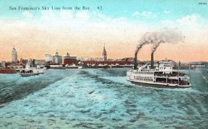 Vintage Postcard 1930's San Francisco's Skyline by the Bay Boats Ship California