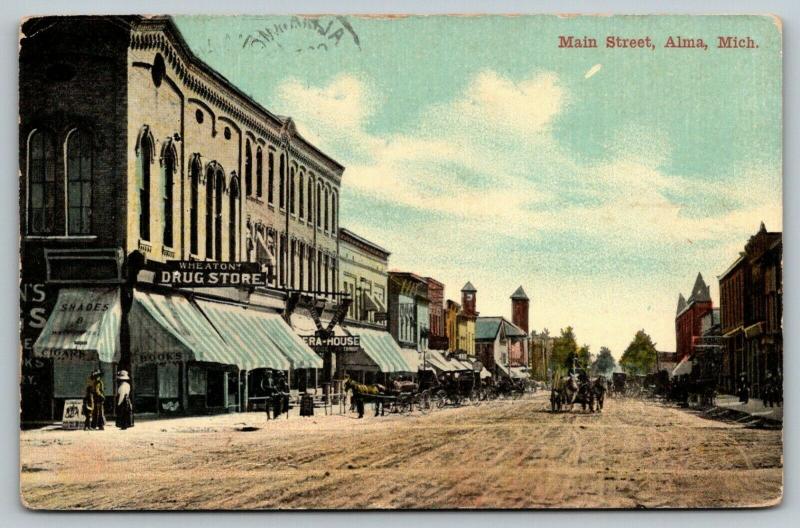 Alma Michigan~Main Street~Wheaton Drug Store~Opera House~1912 Postcard 