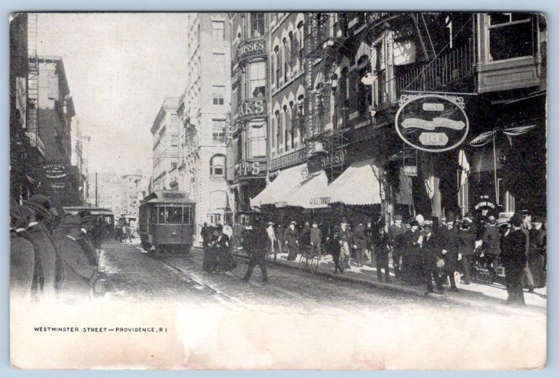 Pre-1907 PROVIDENCE RHODE ISLAND WESTMINSTER STREET TROLLEY CAR ANTIQUE POSTCARD