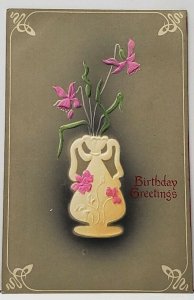 Birthday Flowers Vase 1910 Detroit to Ann Arbor Michigan Hand Color Postcard H18