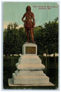 1914 Chief Oshkosh Monument Sculpture Statue Oshkosh Wisconsin Vintage Postcard