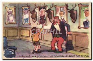 Old Postcard Humor Child Say grandfather why our ancestors had horns