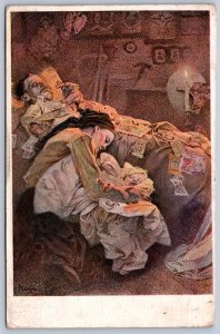 DS1/ Alphonse Mucha Artist Signed Art Nouveau Postcard c1910 Sleep 18