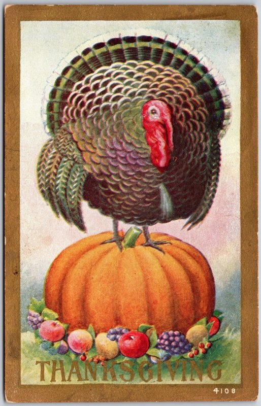 1909 Thanksgiving Greetings Turkey At Top Of Pumpkin Squash Posted Postcard 