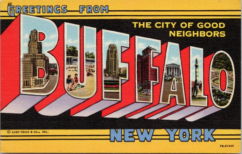 Greetings from Buffalo NY New York Large Letter Black c1951 Linen Postcard F2