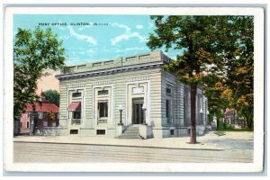 Clinton Iowa IA Postcard Post Office Building Exterior Trees Scene c1920 Antique