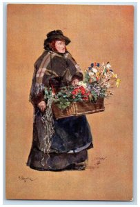 F SKarbina Artist Signed Postcard Old Woman Flowers Basket Oilette Tuck's c1910s