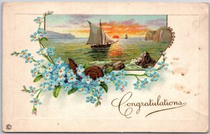 Congratulations Forget-Me-Nots Blue Flowers Sailboats Greetings Postcard